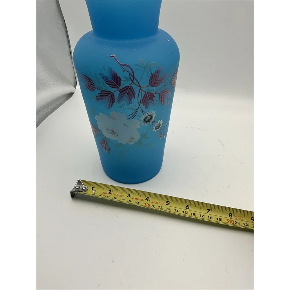 Pair Vintage Blue Satin Glass Floral Vases Hand Painted Frosted 6.5